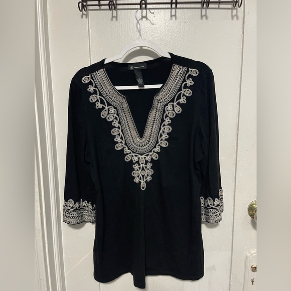 INC International Concepts Tops - INC International Concepts Black Tunic with White Embroidery